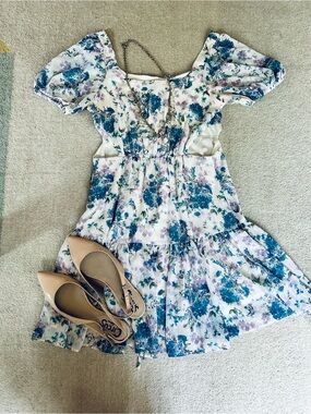 Taylor White Floral Puff-Sleeve Dress with Teal & Lavender Print